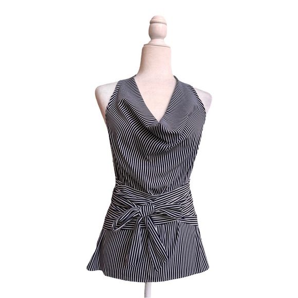 Ann Taylor Tops - Ann Taylor Navy Blue Stripe Sleeveless Drape Neck Womens Size 4 Blouse Bow